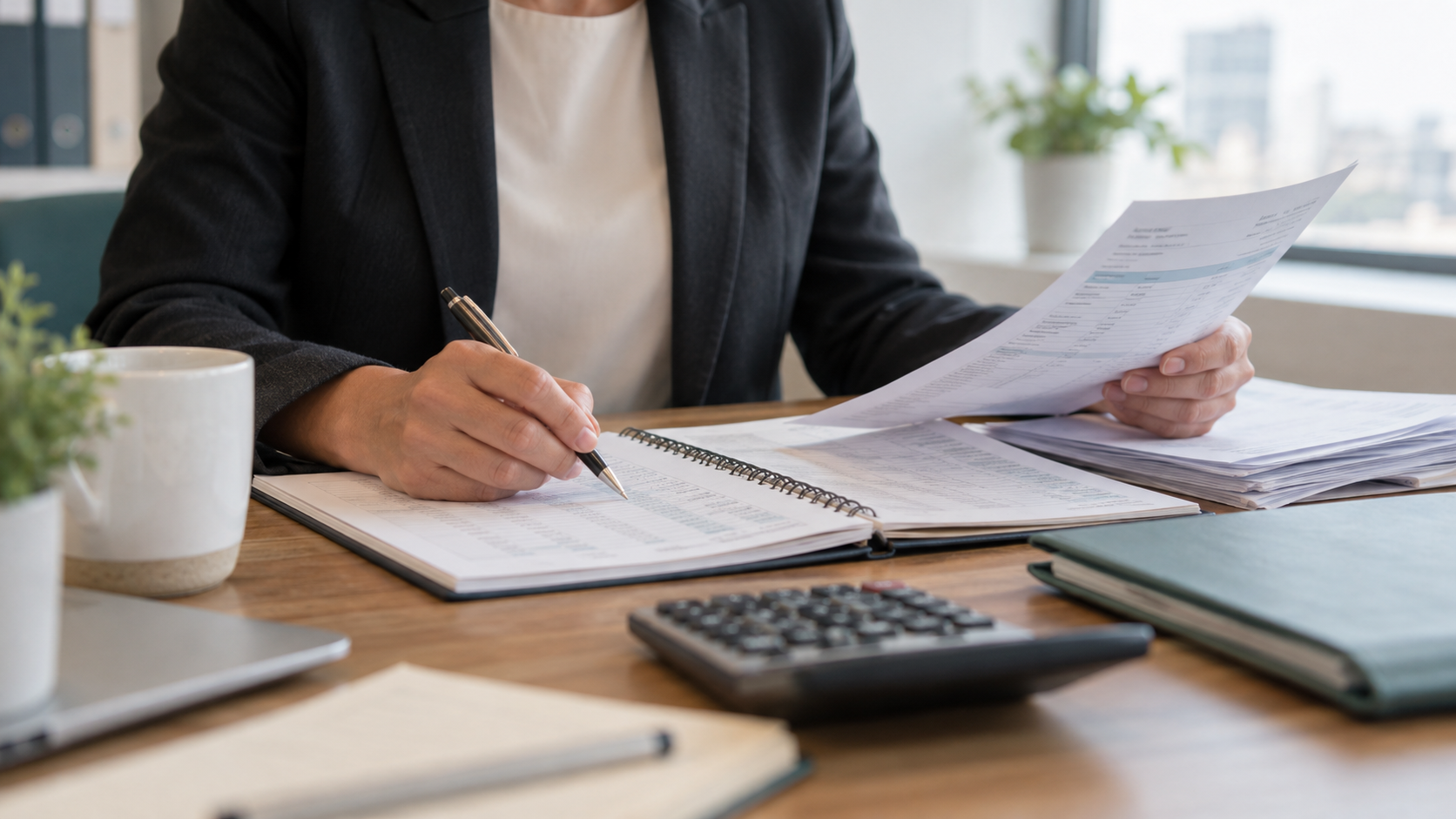 Finance professional reviewing invoices and an account ledger at a desk