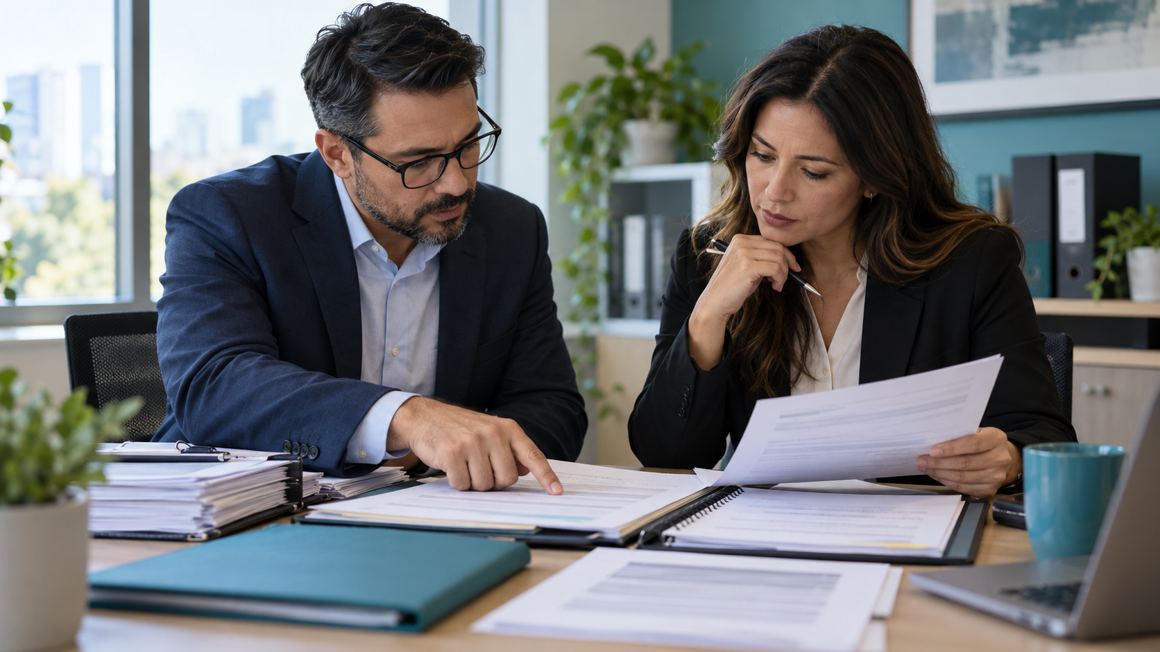 Credit manager and legal professional comparing an agreement with records in a consumer complaint file
