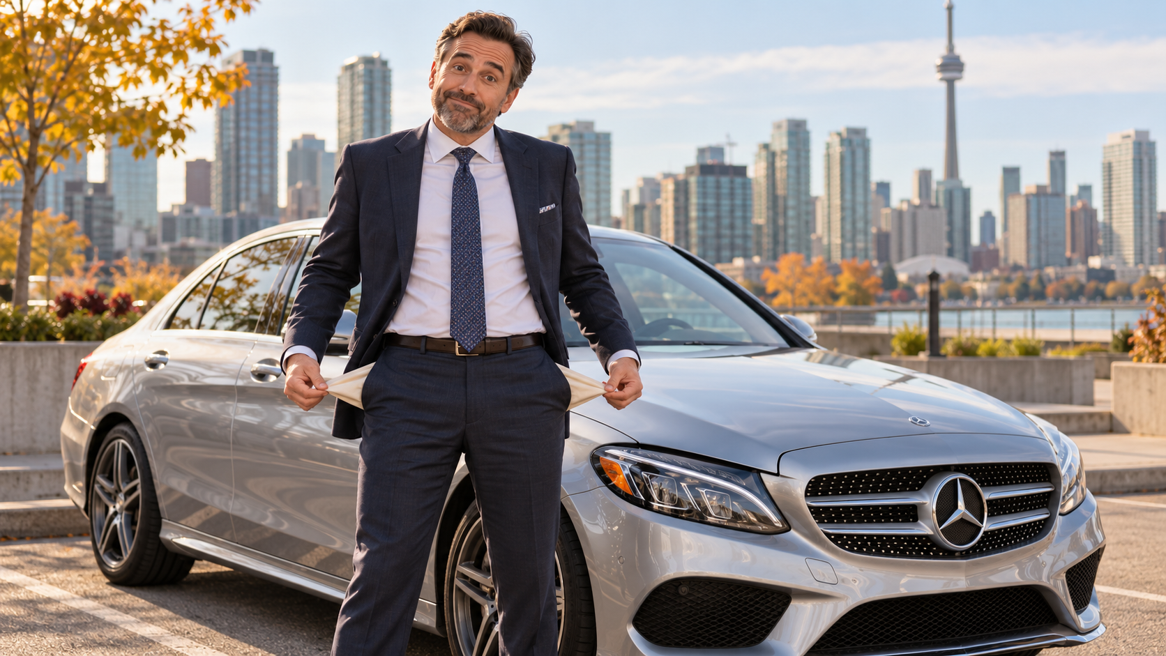 Fictional illustrative scene of a man turning out empty pockets beside a new silver Mercedes