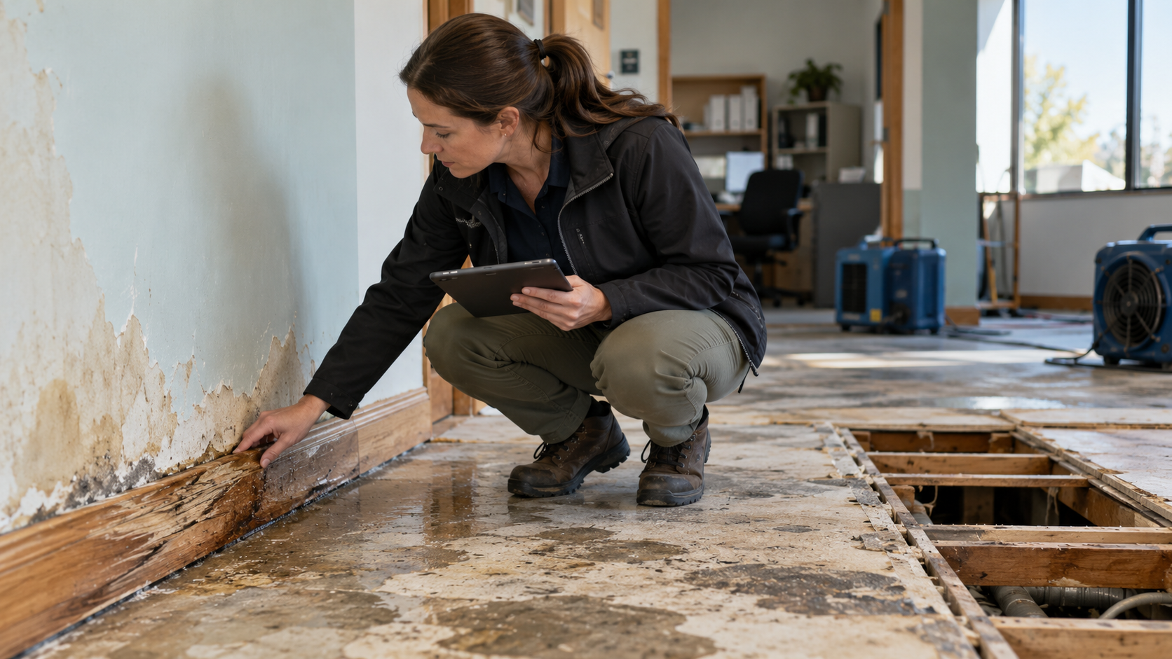 Insurance loss adjuster documenting water damage to a wall and flooring in a commercial property