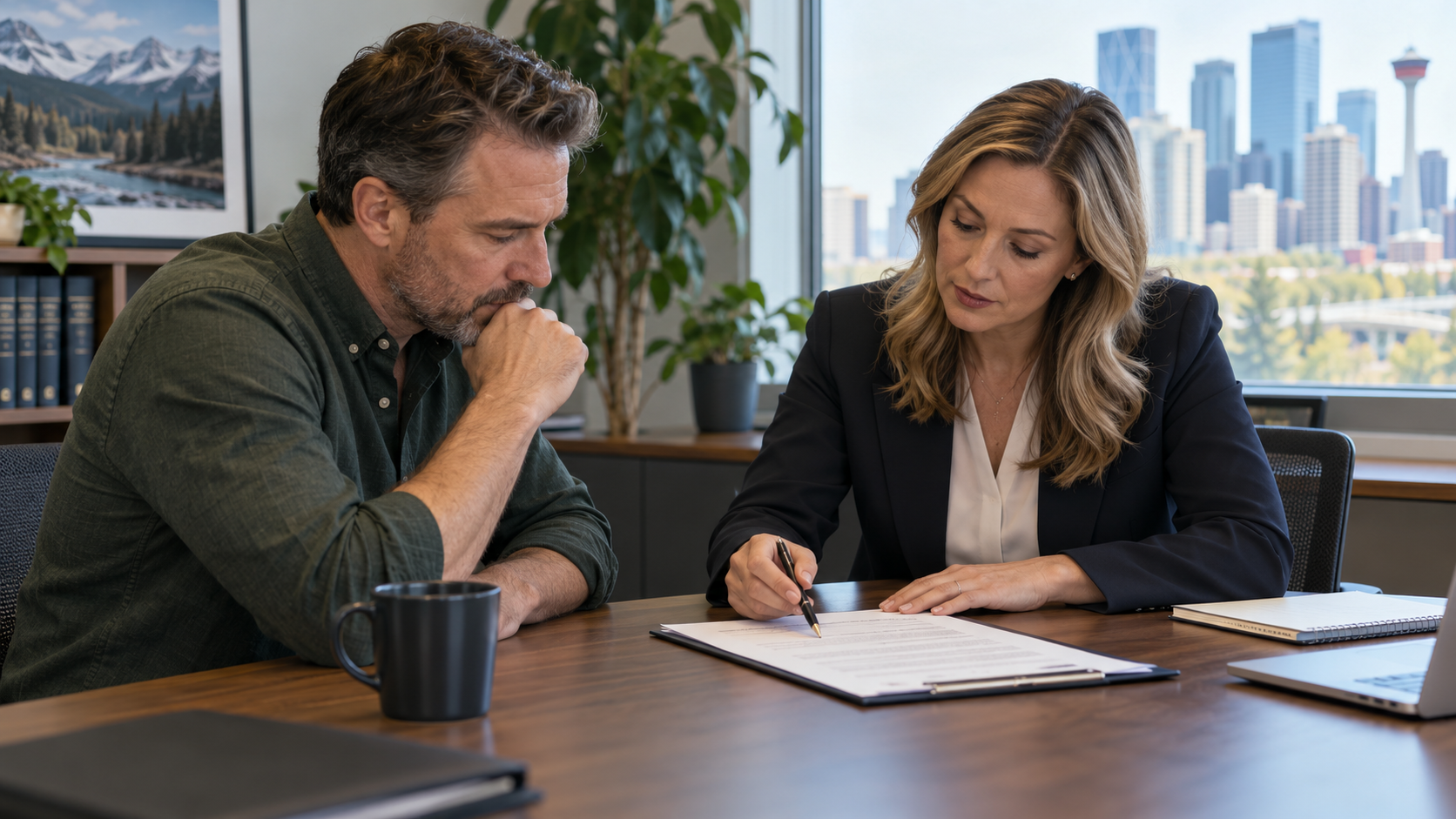 Business owner and legal professional carefully reviewing a guarantee document in an Alberta office