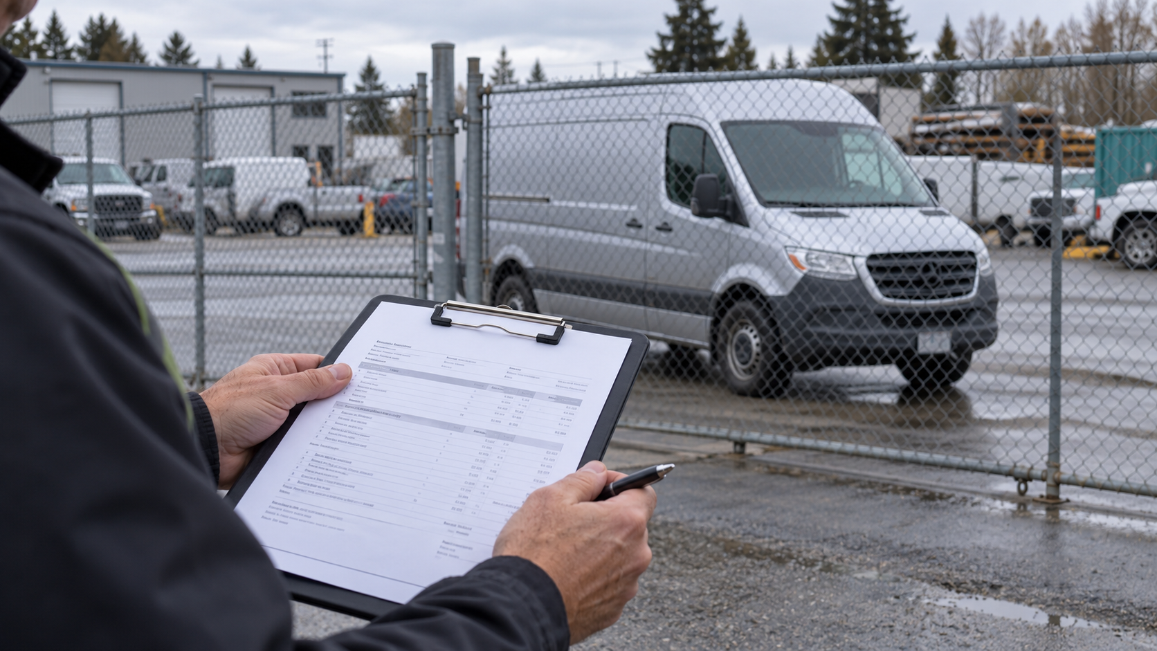 Fleet representative reviewing an invoice beside a vehicle storage yard