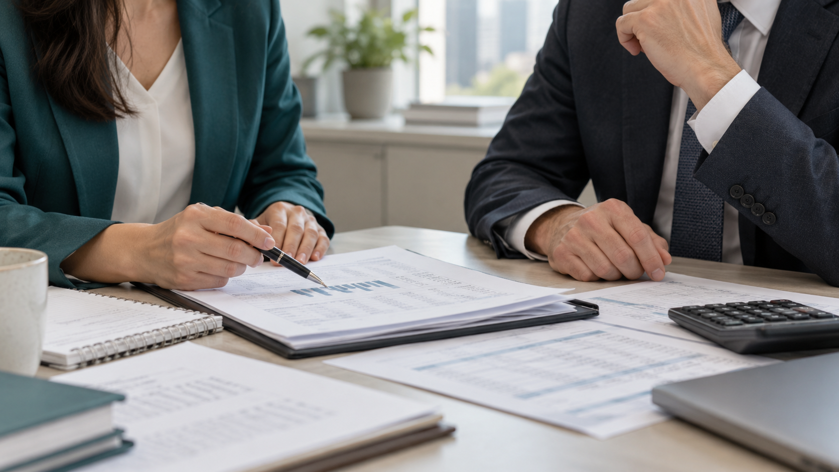 Business professionals reviewing financial documents and recovery costs at an office desk