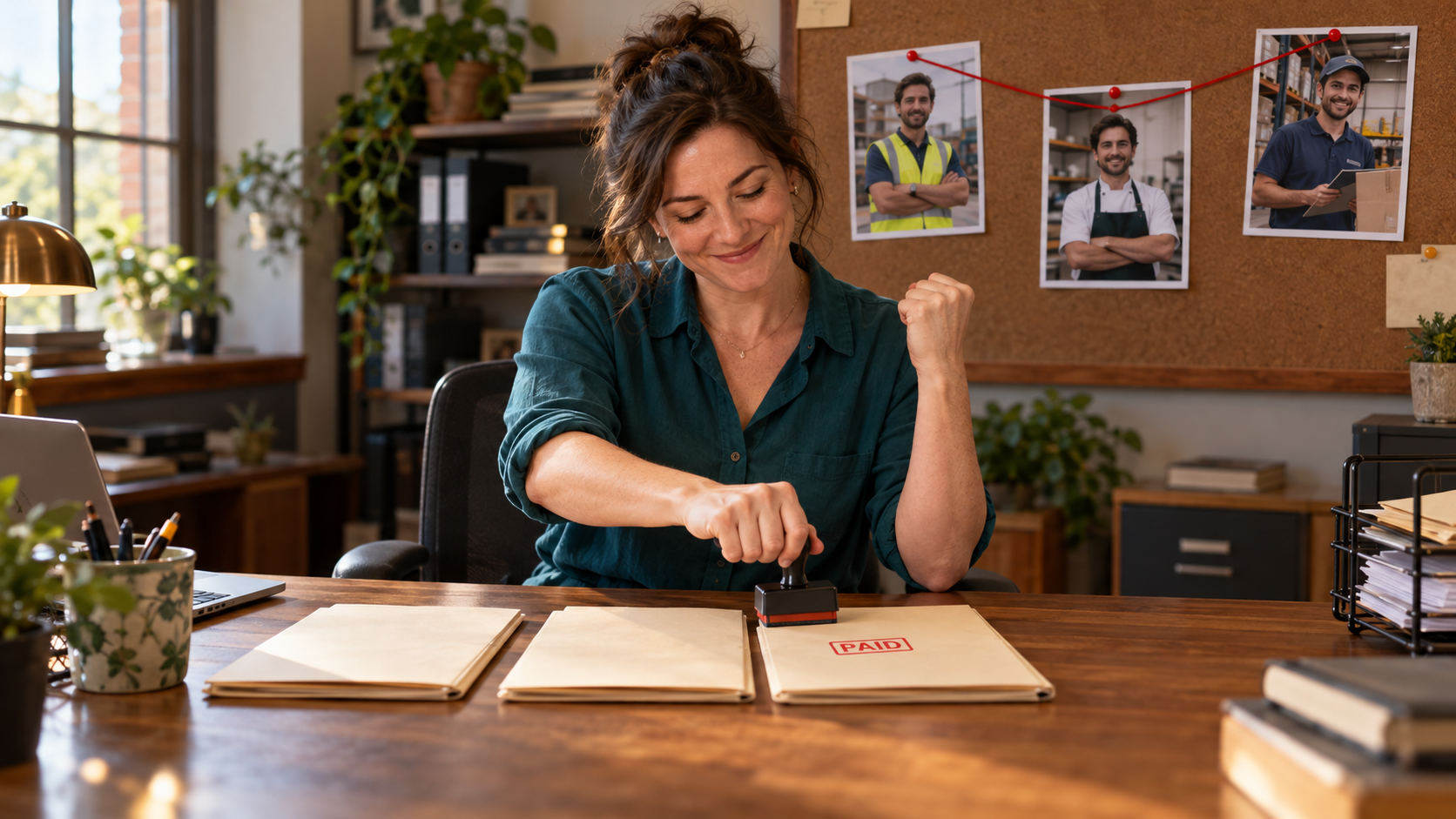 Illustrative scene of a recovery professional stamping a file paid, with three workplace photos linked on a board behind her